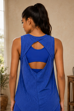 Sheer Striped Mesh Active Tank with Cut-Out Back Blue